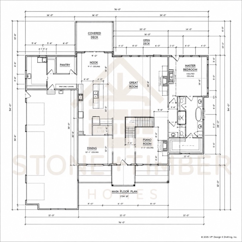 Main floor plan of a 2,734 square foot ranch with great room, vaulted master bedroom, nook, dining and piano room