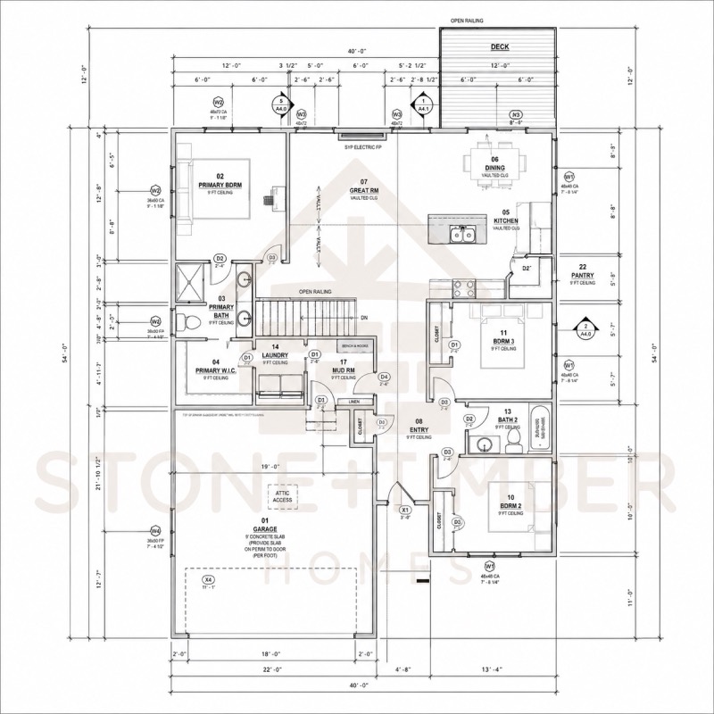 Compact 40 foot wide ranch plan with vaulted great room, kitchen and dining, split bedrooms and stairs to a lower level