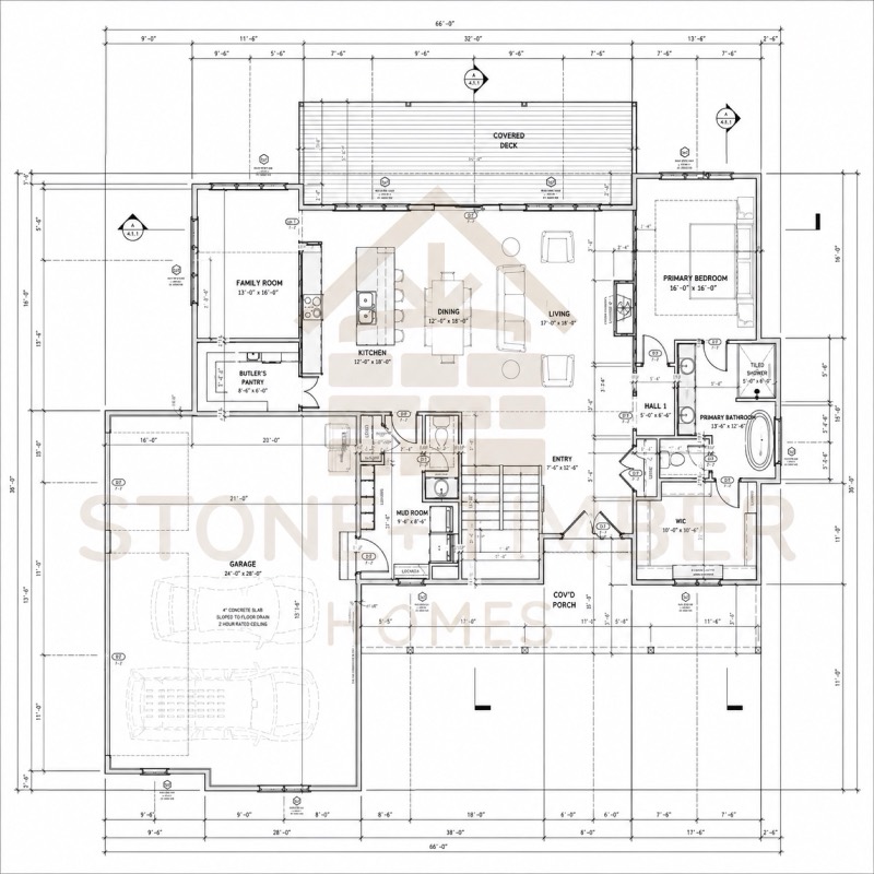 Large ranch floor plan with separate family and living rooms, butler pantry, 16 by 16 primary bedroom and oversized garage