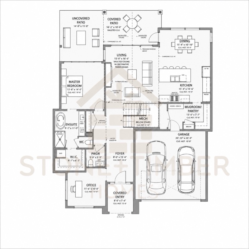 Ranch floor plan with a vaulted living room with timber beams, dedicated office, master suite and covered patio