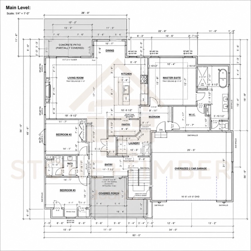 Main level plan of a split-bedroom ranch with tray ceilings, master suite, two bedrooms and an oversized two car garage
