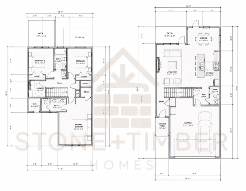Main and upper level plans of a 26 foot wide two story home with three bedrooms and upstairs laundry