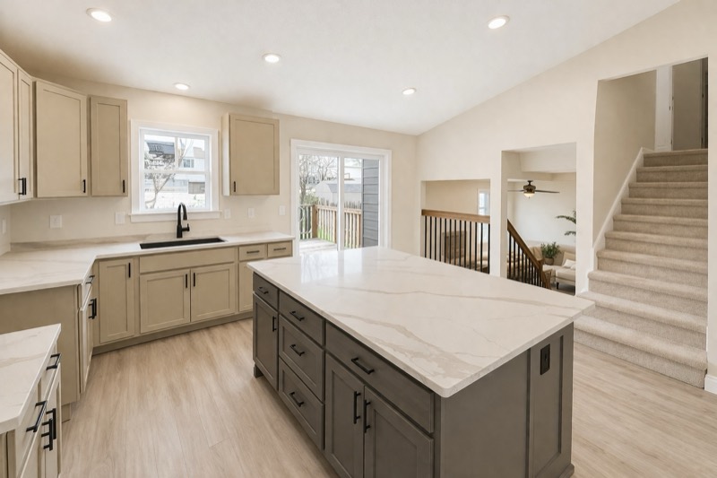 Remodeled kitchen with taupe cabinetry, a grey island and quartz counters opening to a stairwell